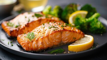 A delicious plate featuring perfectly grilled salmon fillets accompanied by fresh vegetables and lemon, embodying health, culinary art, and the joy of home-cooked meals.