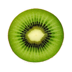 Cross-sectioned kiwi exposing vibrant internal layers and tiny seeds on the transparent background