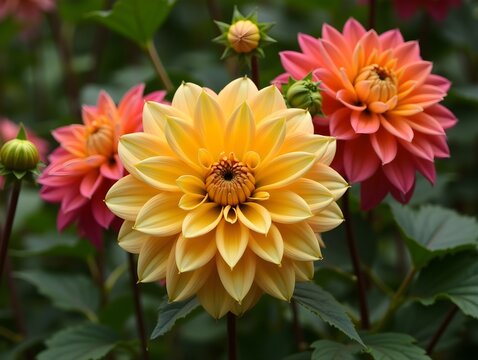 Colorful dahlia flowers in the garden