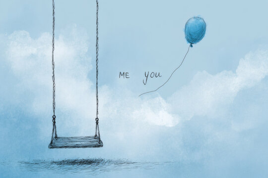 Lonely Swing and Distant Balloon Drifting Away in a Blue Sky