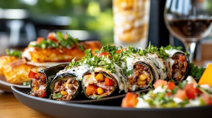 Obraz premium A visually appealing platter of culinary delights featuring beautifully arranged dishes, highlighting the artistry of food presentation and the joy of sharing meals.