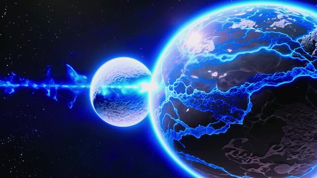the camera slowly orbits around a gigantic glowing blue alien planet, which rotates majestically in deep space