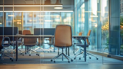 Modern Office Interior Glass Partition, Empty Conference Room, Single Chair, Corporate Setting. Office Design, Workspace Office Space, Modern Workplace