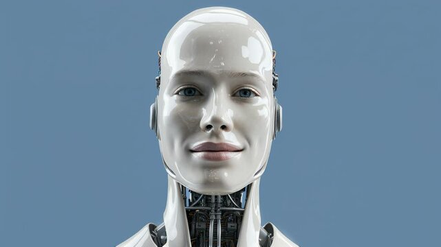 Realistic humanoid female robot with exposed mechanical components smiling and posing on blue background.
