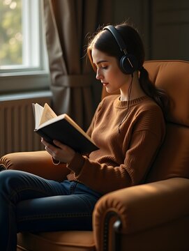 Young woman sits in cozy armchair, reading book and wearing headphones