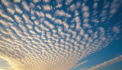 a sky filled with large, fluffy white clouds is visible in the upper half of the image. below, there's a vast expanse that appears to be a body of water reflecting the light blue hue of the sky