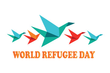 Fototapeta premium World Refugee Day Vector – Origami Birds Carrying Homes Flying Over Borders, Refugee Safe Haven Illustration