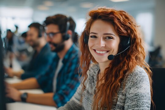 Smiling Female Customer Service Representative with Headset in Busy Call Center Environment | Ideal for Tech Support, Online Assistance, Communication Solutions, and Client Relationship Concepts