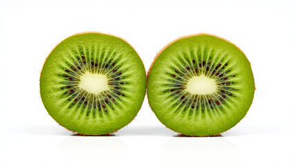 Fototapeta premium Two kiwi halves are positioned side by side, showcasing their bright green interiors and intricate pattern of tiny black seeds. The brown, fuzzy outer skin contrasts beautifully with the vivid flesh