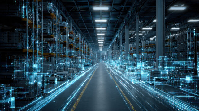 Complex warehouse filled with modern server equipment, bright fiber optic lines and virtual data maps projected in air, immersive IoT visualization concept