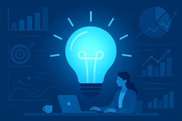 Bright glowing lightbulb representing business idea with data charts, AI generated