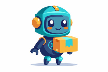 A small robot courier with a cute face and a box in his hands - the future is already near, and the white background emphasizes futurism