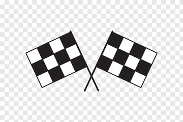 Checkered flag on a pole waving in the wind for race completion. Checkered racing flag. Competition sport flag. Starting flag auto and moto racing. Set start and finish crossed sport racing flags. 