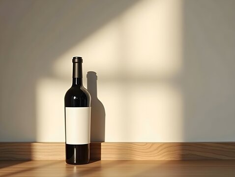 Wine bottle with blank white label on wall background, illuminated light beams, with copy space