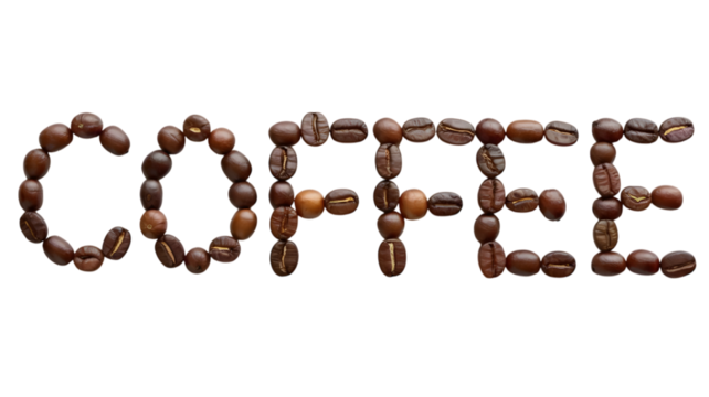 Coffee beans arranged in the word coffee, isolated on a transparent background.