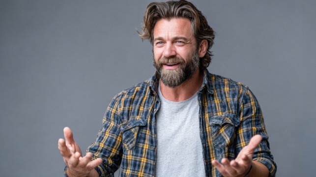 A bearded man wearing a plaid shirt is smiling and using hand gestures to express happiness. His relaxed demeanor conveys a friendly atmosphere while standing against a gray backdrop.