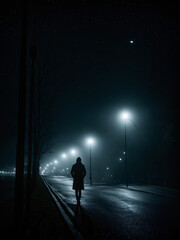 Silhouette of a Person Under a Streetlamp at Night