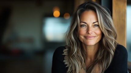 A portrait of a woman with flowing hair and a warm smile, capturing beauty and confidence, reflecting the essence of self-love, positivity, and the radiant spirit within.