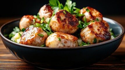 Fototapeta premium A delectable display of golden brown meatballs garnished with parsley atop a fresh green salad creates an inviting and appetizing culinary scene.