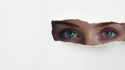 Woman looking curiously through the opening of irregular paper, revealing intense blue eyes and sense of astonishment. Copy space