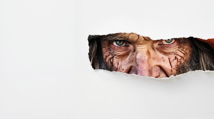 Homeless person staring through torn paper, weathered face revealing profound social struggle and urban hardship. Copy space
