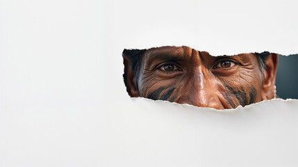 Indigenous man wearing traditional face paint peeking through torn white paper, revealing intense cultural identity and artistic expression. Copy space