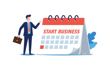Flat illustration of a businessman planning a business start-up, depicted with a calendar highlighting the start date, symbolizing the beginning of an entrepreneurial journey.