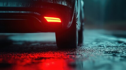 This image captures a close-up of a car's brake light illuminating in a rainy environment, creating a dramatic and moody atmosphere on the wet surface beneath it.