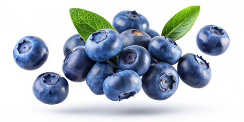 Plump blueberries are scattered on a clean white surface, emphasizing their deep blue color. Each berry glistens, presenting a fresh and nutritious snack option, rich in antioxidants
