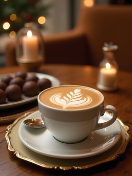 Savoring premium chocolate truffles and a perfectly crafted latte adorned with artistic patterns in a luxury dining environment, filled with festive ambiance.