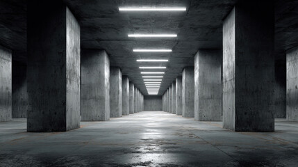 Fototapeta premium Empty industrial corridor with clean concrete surfaces, directional light from ceiling creating abstract shadow patterns, rough cement floor, minimal and cold tone