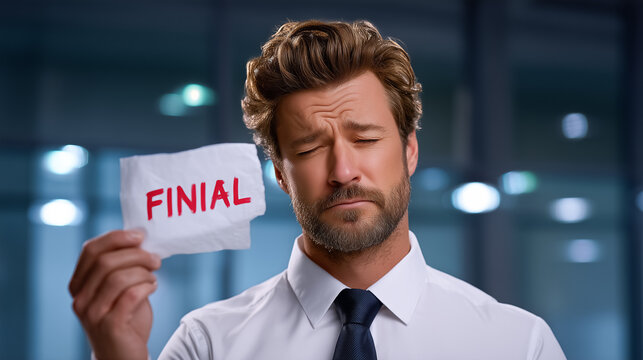 Man holds final notice bills in empty office, expressing panic at financial worries. Dark office setting provides space for messages. Concept of finance, debt management, financial services