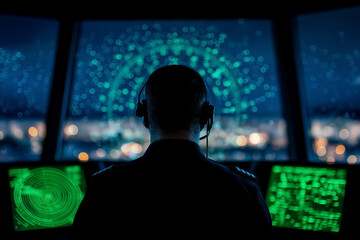 Air traffic controller wearing headset observes radar screens with a green glow. Darkened control tower provides view of airport lights at night. Concept of aviation, air traffic management, security