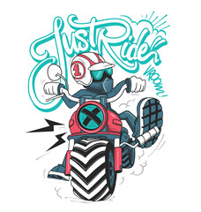 A man in a helmet riding a customized motorcycle. Just ride slogan t-shirt design.