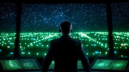 Air traffic controller observes radar screens illuminated in green glow. Control tower setting features city lights against night sky. Concept of aviation, transportation, air safety