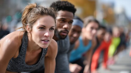 Athletes line up at the starting line, focused and ready for the race to begin. They wear vibrant athletic gear and exhibit determination in their expressions.