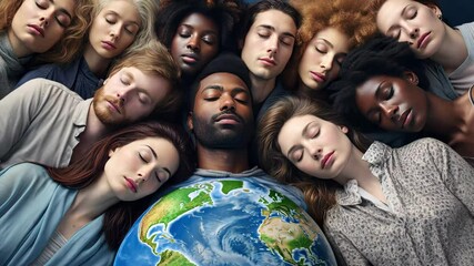 Diverse group of people peacefully resting together with an Earth globe, symbolizing unity and global awareness in a serene setting
