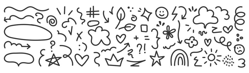 Editable Stroke Sketch Underline, Emphasis Shapes set. Vector illustration of Hand drawn Brushstrokes, Highlights, Speech Bubbles, Sparkle elements.