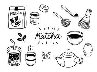 Hand Drawn Matcha Tea Set Collection – Japanese Style Line Art Illustration