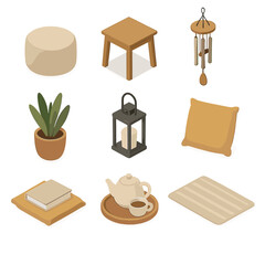 Balcony Relaxation Icons. Isometric Flat icon set of Balcony relaxation corner: pouf seat, small side table, potted plants,