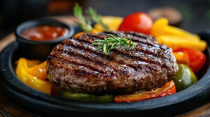 Juicy grilled burger patty garnished with rosemary, served with colorful grilled vegetables and a side of ketchup sauce.