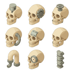 Biomech Skull Icons. Isometric Flat icon set of biomechanical skull variants: piston-infused skull, gear skull, valve skull,