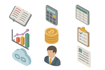 Fototapeta premium Blockchain Accounting Tools. Isometric Flat icon set of Blockchain accounting tools: ledger book, calculator, spreadsheet, chart