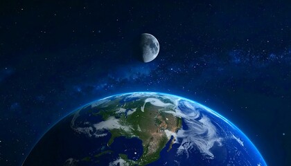 Earth with Moon, Space, and Night View.
