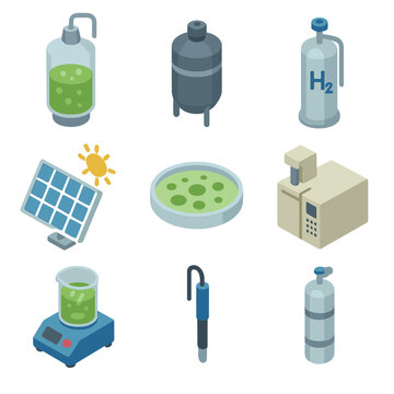 Biohydrogen Production Icons. Isometric Flat icon set of Biohydrogen production methods: photo-fermentor, dark fermenter, hydrogen