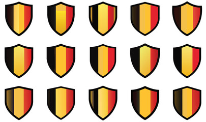 Set of Belgium Flag Shield Icons with Black, Yellow, and Red Vertical Stripes in Flat Vector Style
