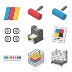 CMYK Printing Icons. Isometric Flat icon set of printing process colors: CMYK color bars, red ink roller, blue ink roller, yellow