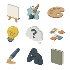 Creative Block Icons. Isometric Flat icon set of creative block frustration: empty canvas, paintbrush frozen, blank palette,