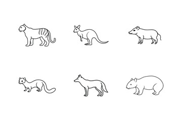 Wild animal line art set with forest creatures drawn outline vector illustration.