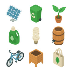 Eco-Living Icon Set. Isometric Flat icon set of Sustainable eco-living: solar panel, recycling bin, green plant, eco detergent